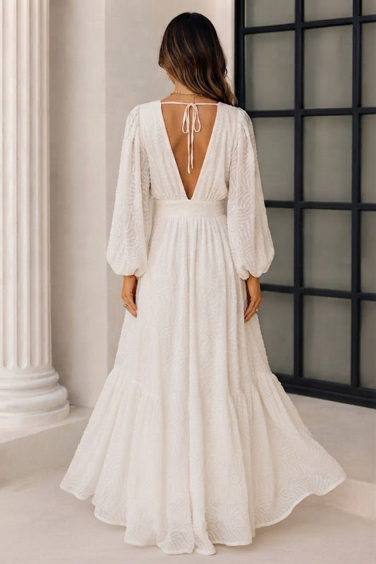 The Eloise Dress | Ivory Jacquard Maxi with V-Neck & Bishop Sleeves