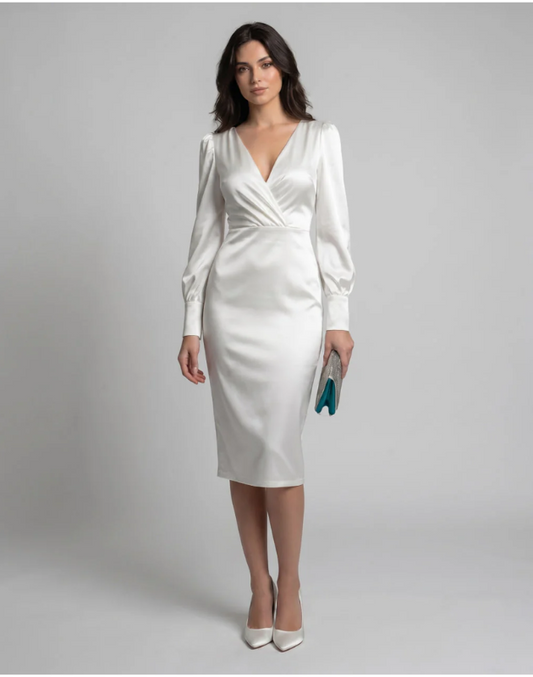 Surplice Long Sleeve Satin Midi Dress