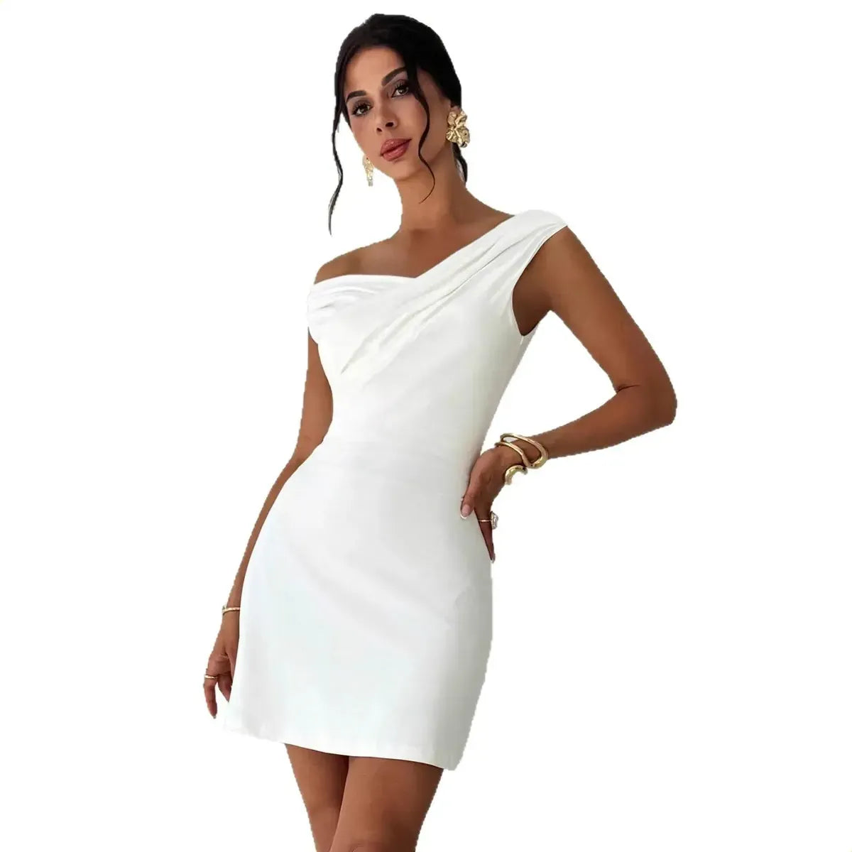 Off-Shoulder Draped Satin Mini Dress Elegant Bodycon Dress for Women