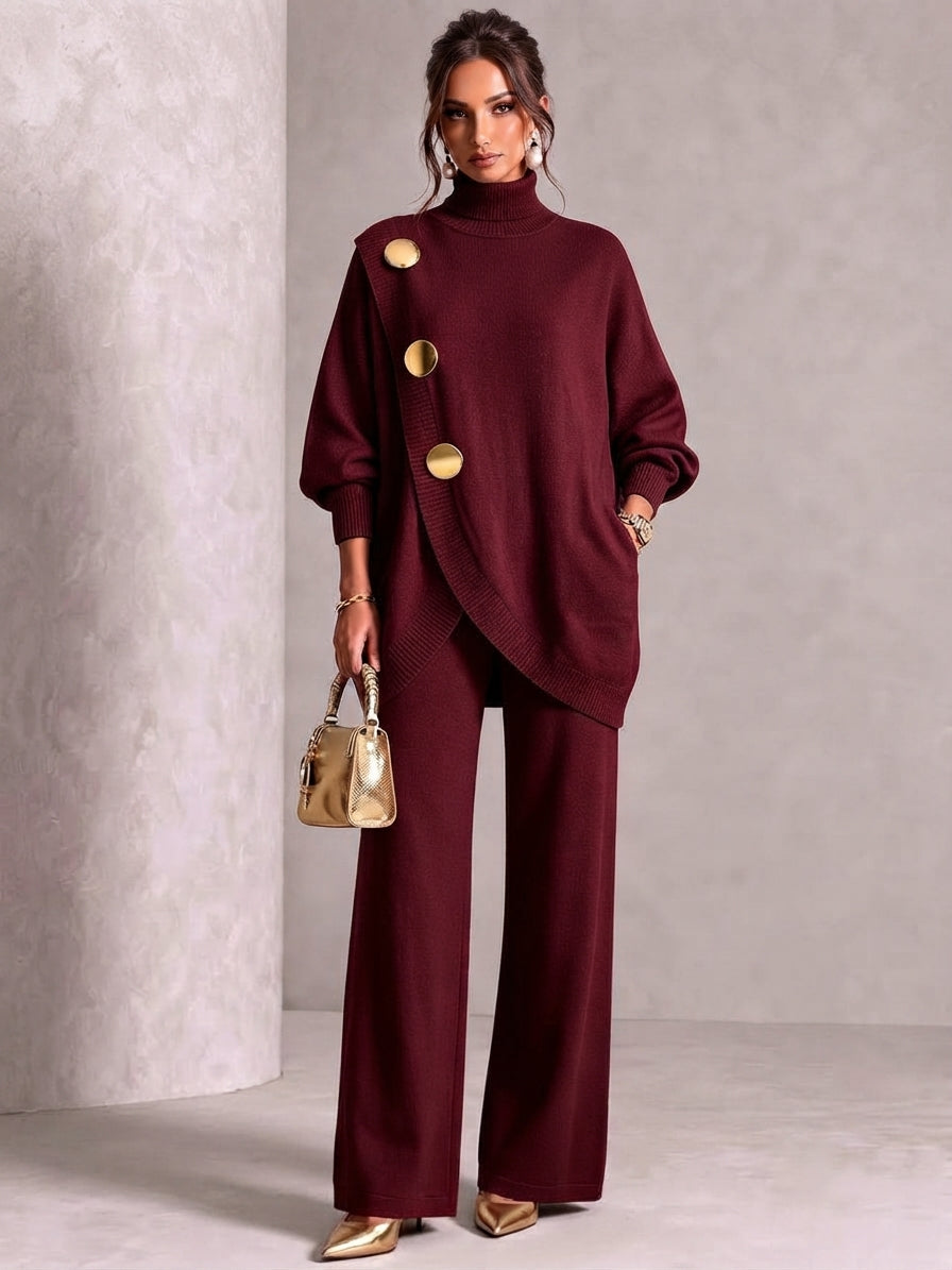 Gold Button Accent Turtleneck Sweater and Pants Set