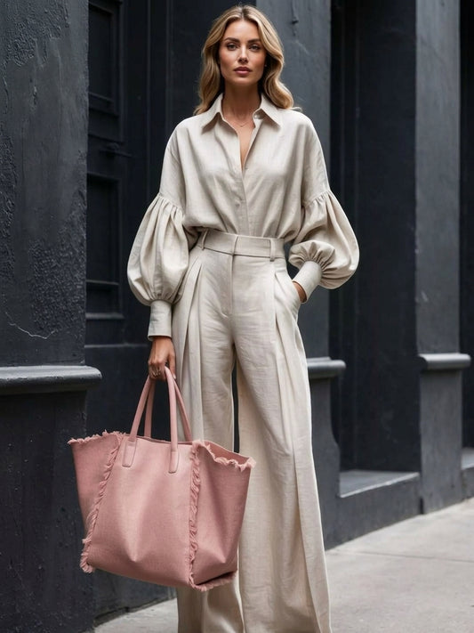 Lantern Sleeve Shirt & Wide-Leg Pants Set