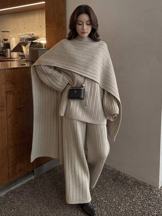 3-Piece Ribbed Sweater, Wide-Leg Pants & Scarf Set