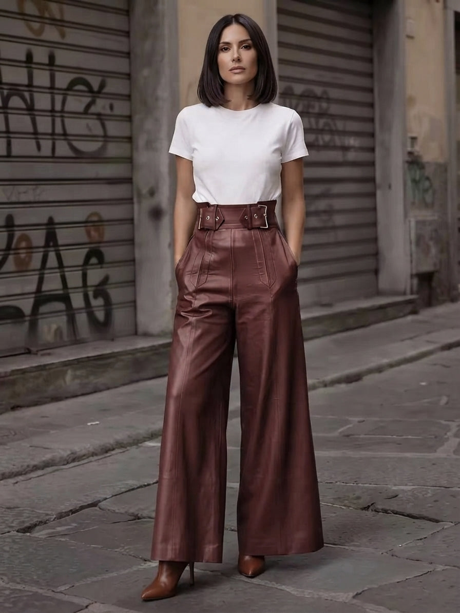 Leather-Look Wide-Leg Pants with Buckles