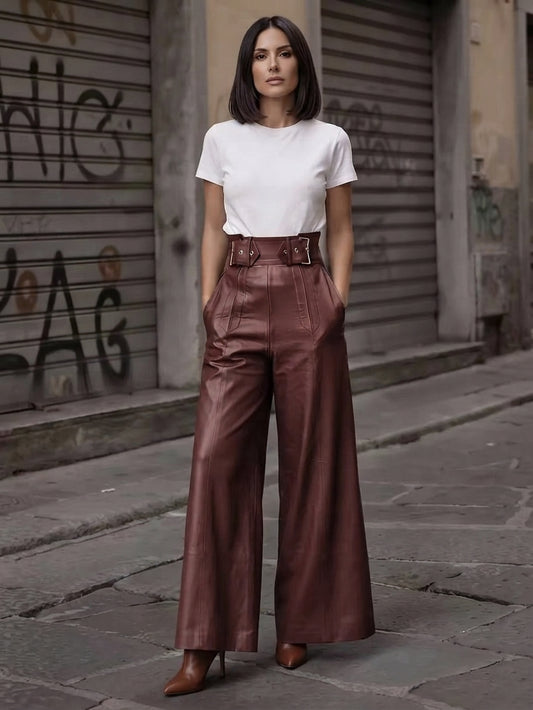 Leather-Look Wide-Leg Pants with Buckles