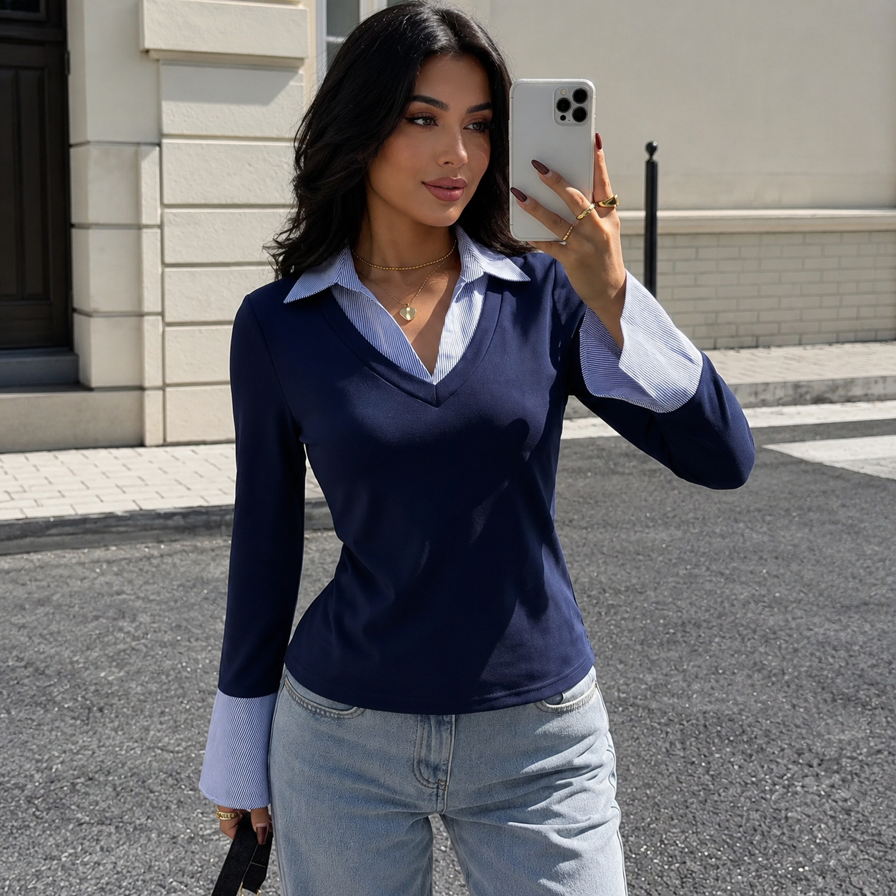 Contrast Collar V-Neck Long Sleeve Top