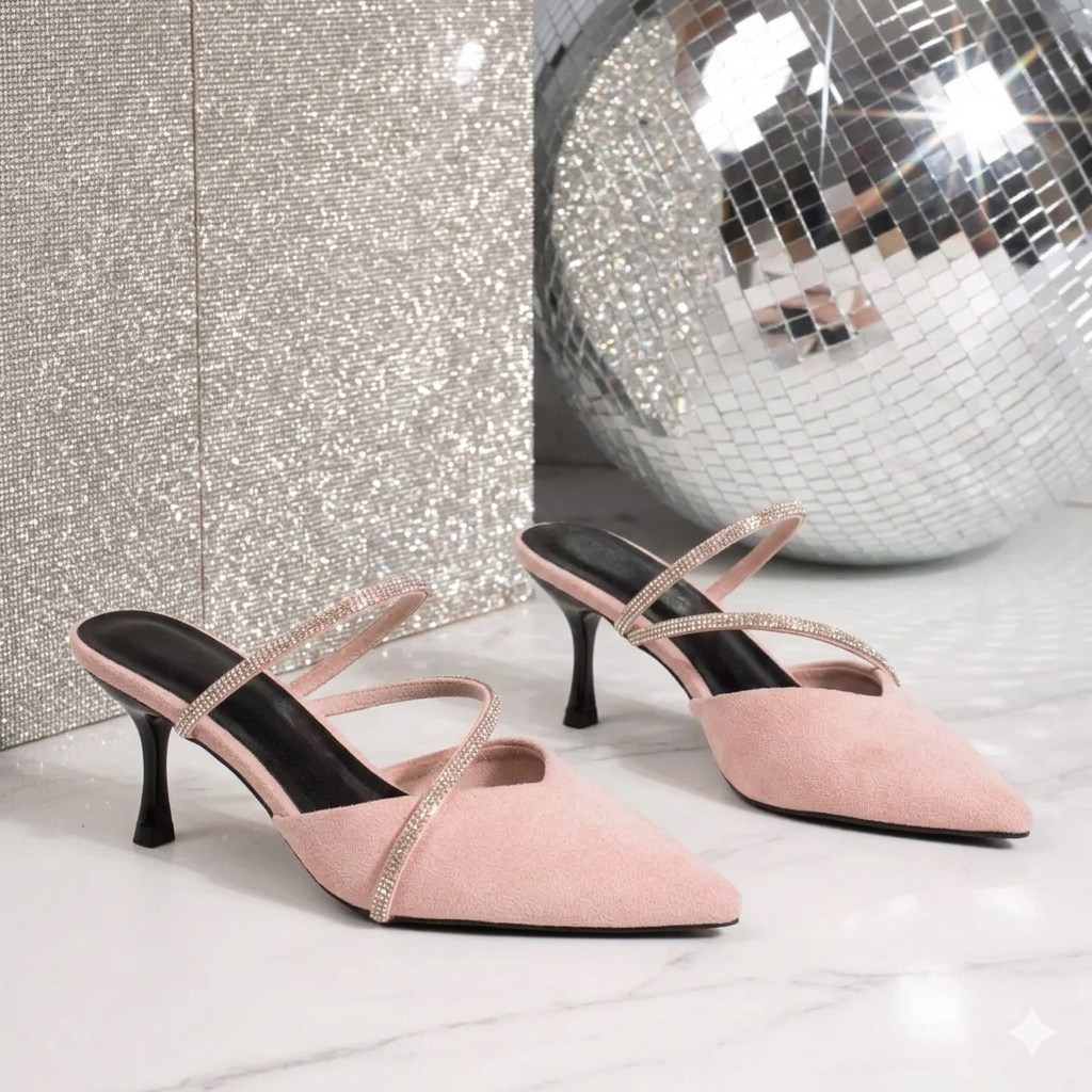 Point Toe Kitten Heels Sandals Women's Rhinestone Kitten Heel Mule Sandals