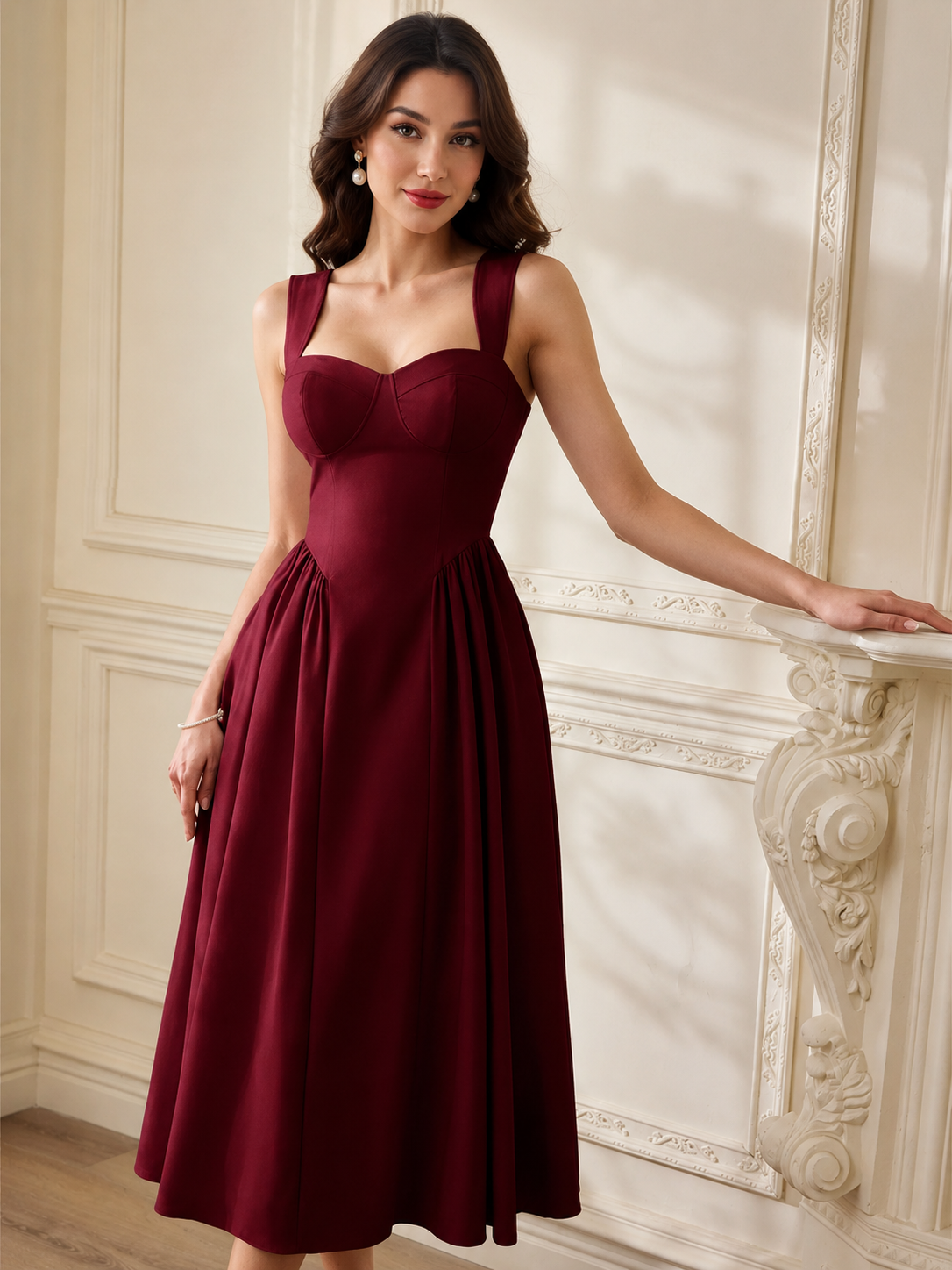 Sweetheart Neckline Ruched A-Line Midi Dress