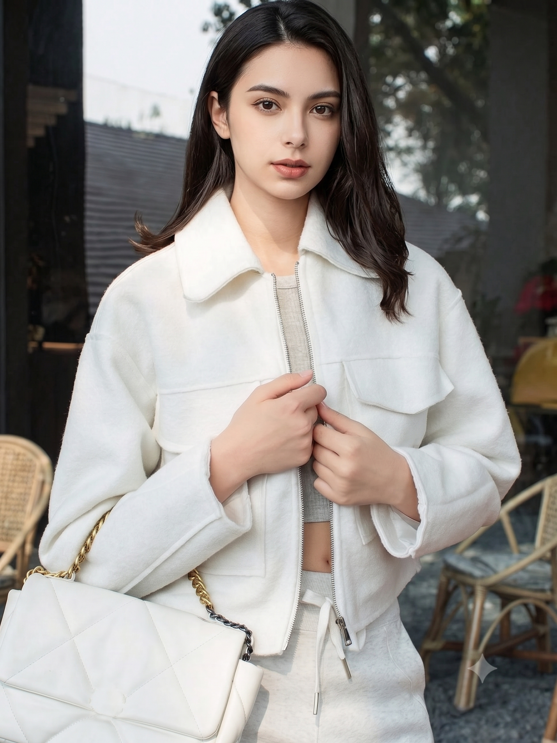 Tweed-Look Zip-Up Cropped Utility Jacket