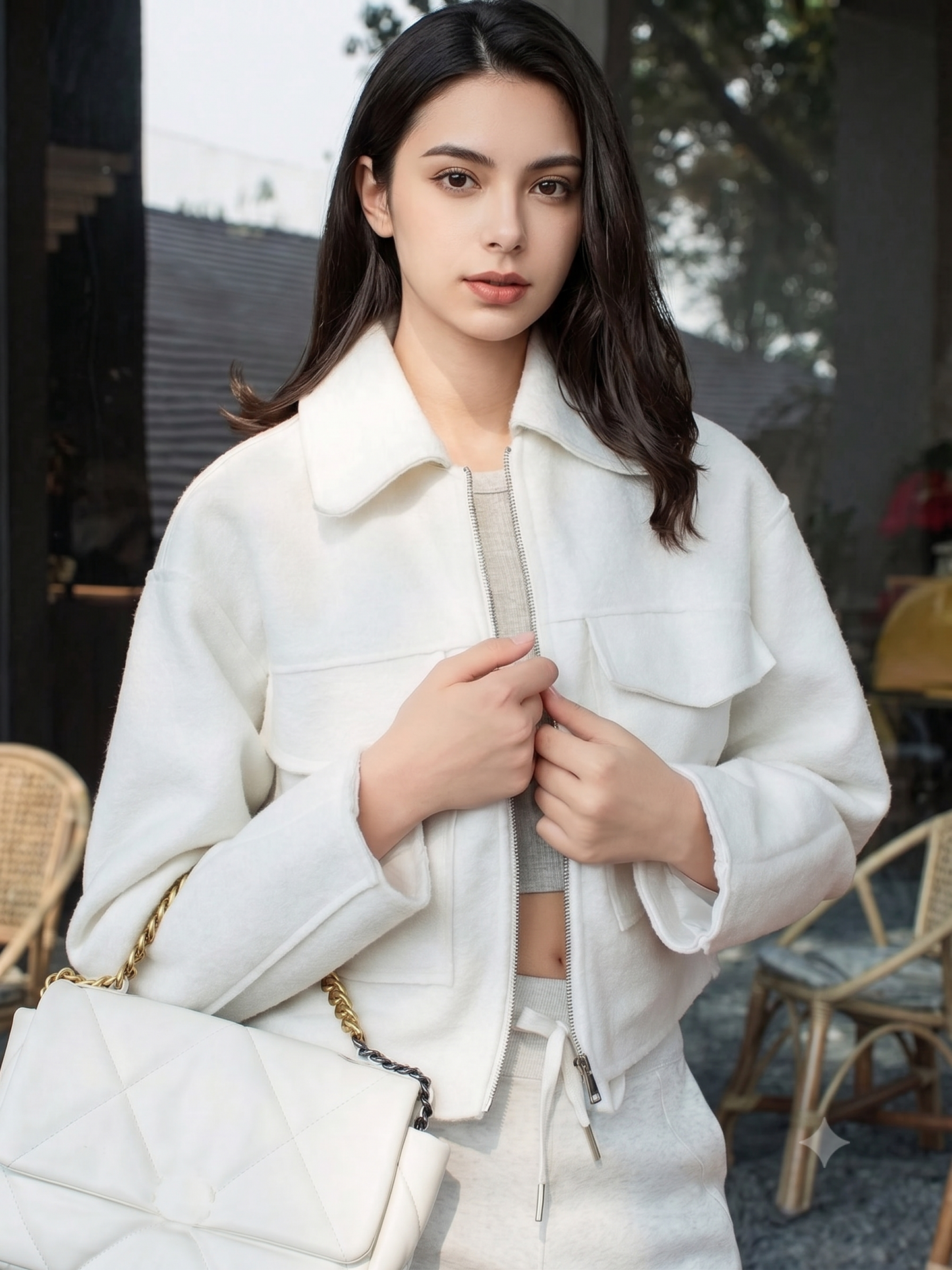 Tweed-Look Zip-Up Cropped Utility Jacket