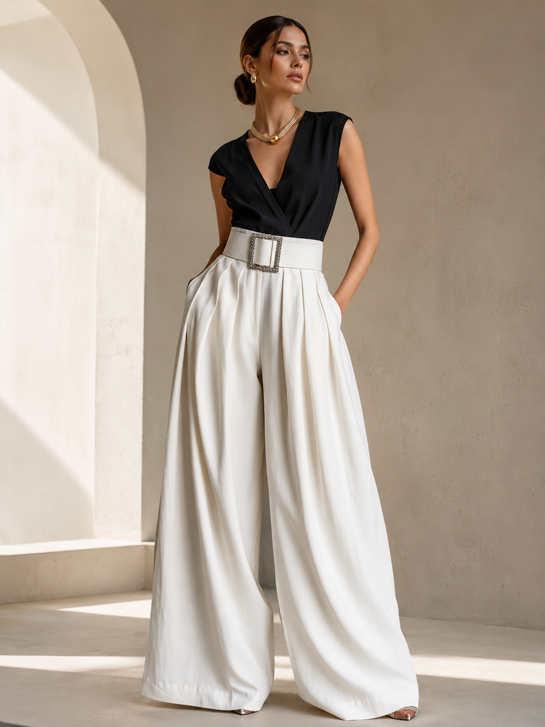 High-Waisted Wide-Leg Pants Belted Pleated Trousers for Women