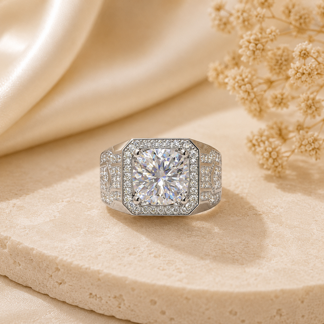 5 Carat Round Cut Moissanite Halo Ring in 925 Sterling Silver