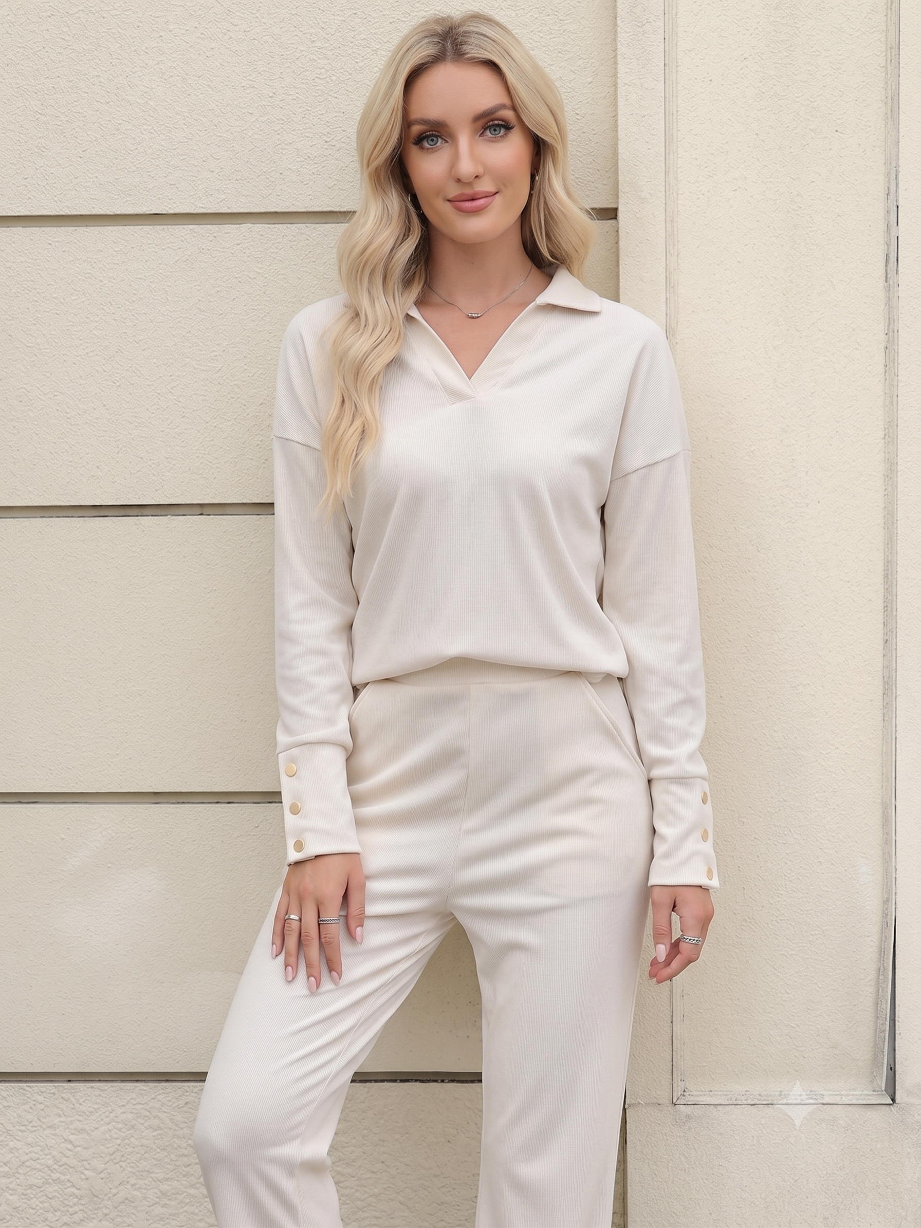 Ivory Ribbed Collared Two-Piece Pants Set