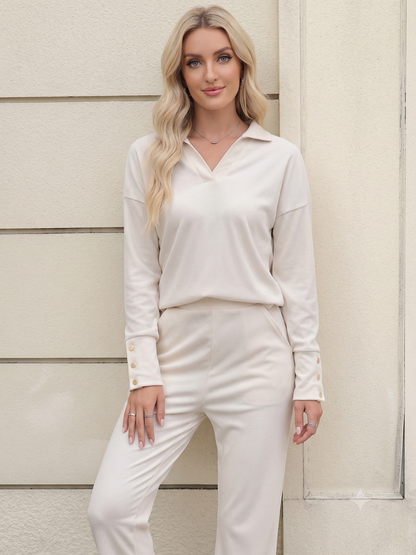 Ivory Ribbed Collared Two-Piece Pants Set