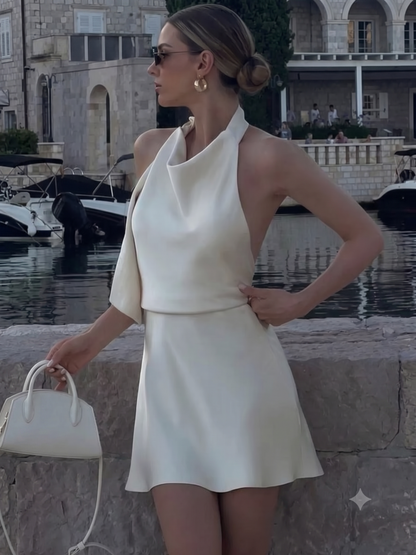 Ivory Satin Halter Neck Backless Mini Dress