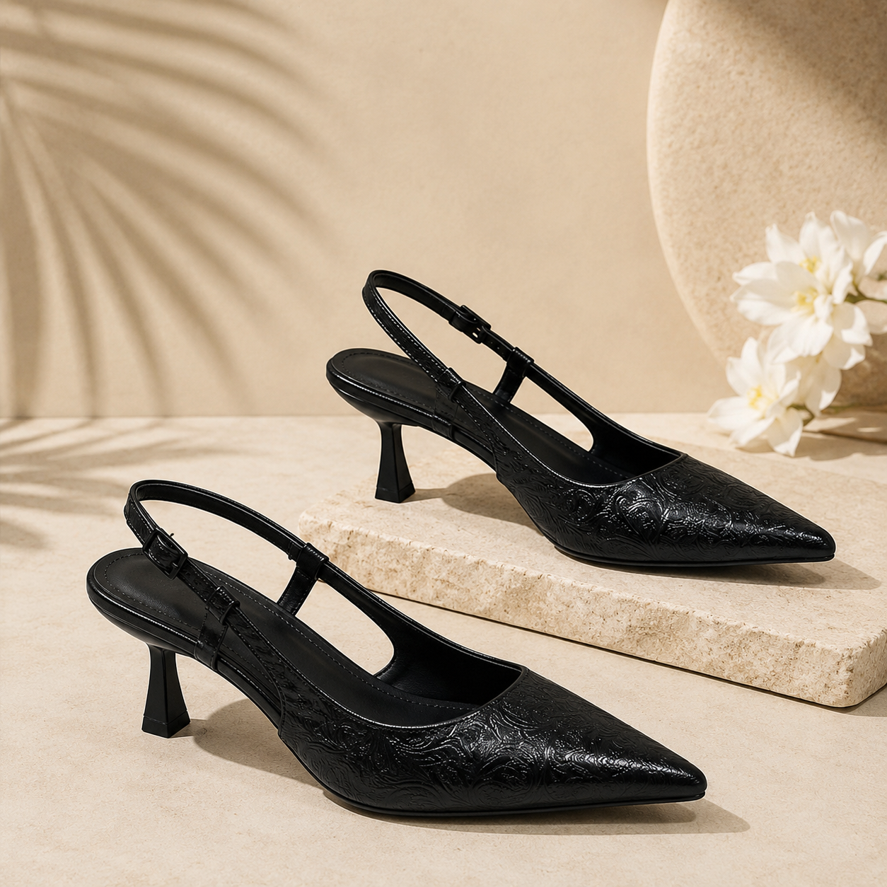 Point Toe Slingback Pumps Women's Embossed Kitten Heel Slingback Pumps