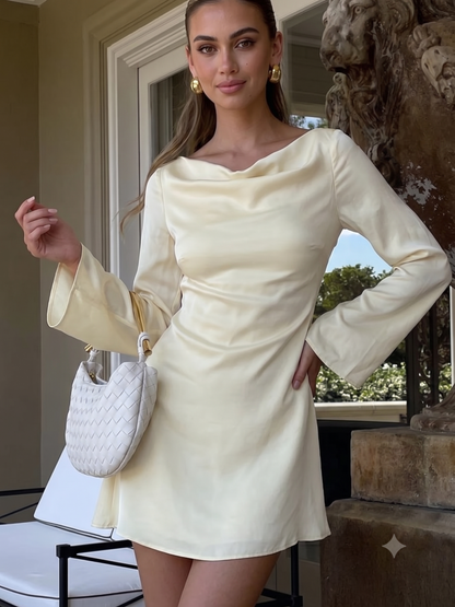 Ivory Satin Cowl Neck Backless Mini Dress