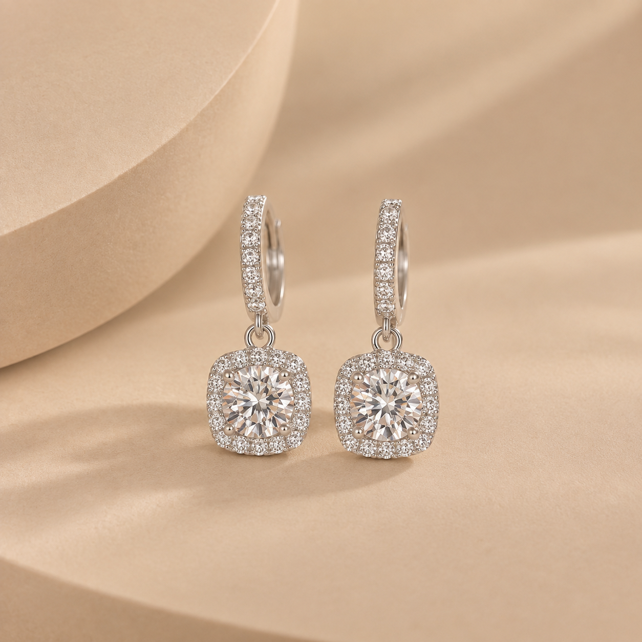 1 Carat Moissanite Halo Drop Hoop Earrings in 925 Sterling Silver