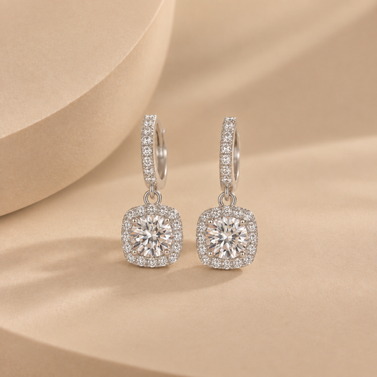 1 Carat Moissanite Halo Drop Hoop Earrings in 925 Sterling Silver