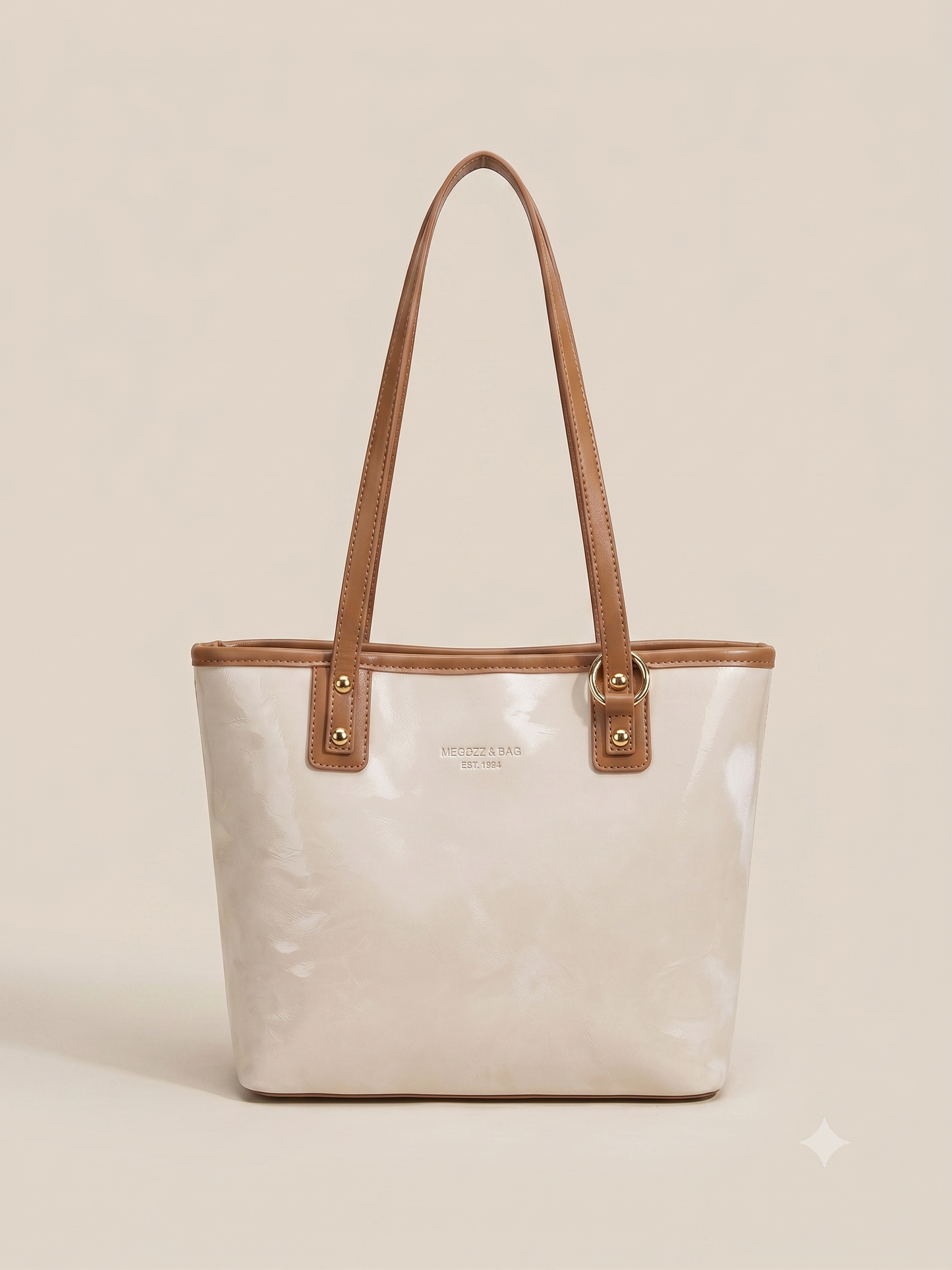 Ivory Tote Shoulder Bag with Contrast Trim