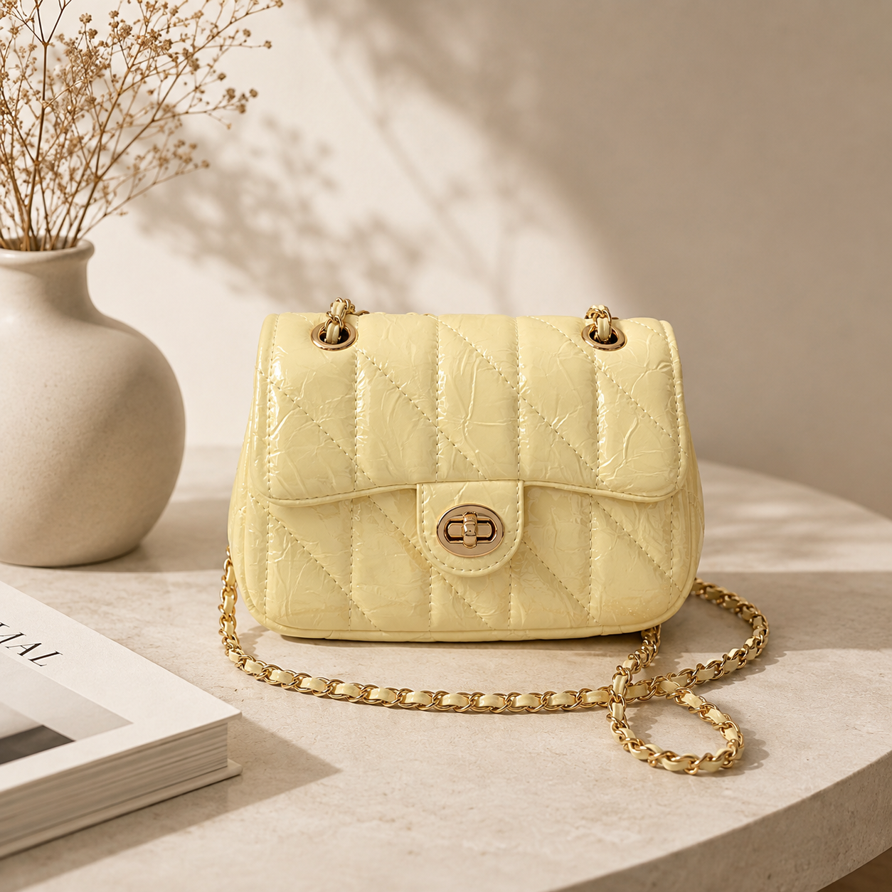 Quilted Turn-Lock Chain Crossbody Bag