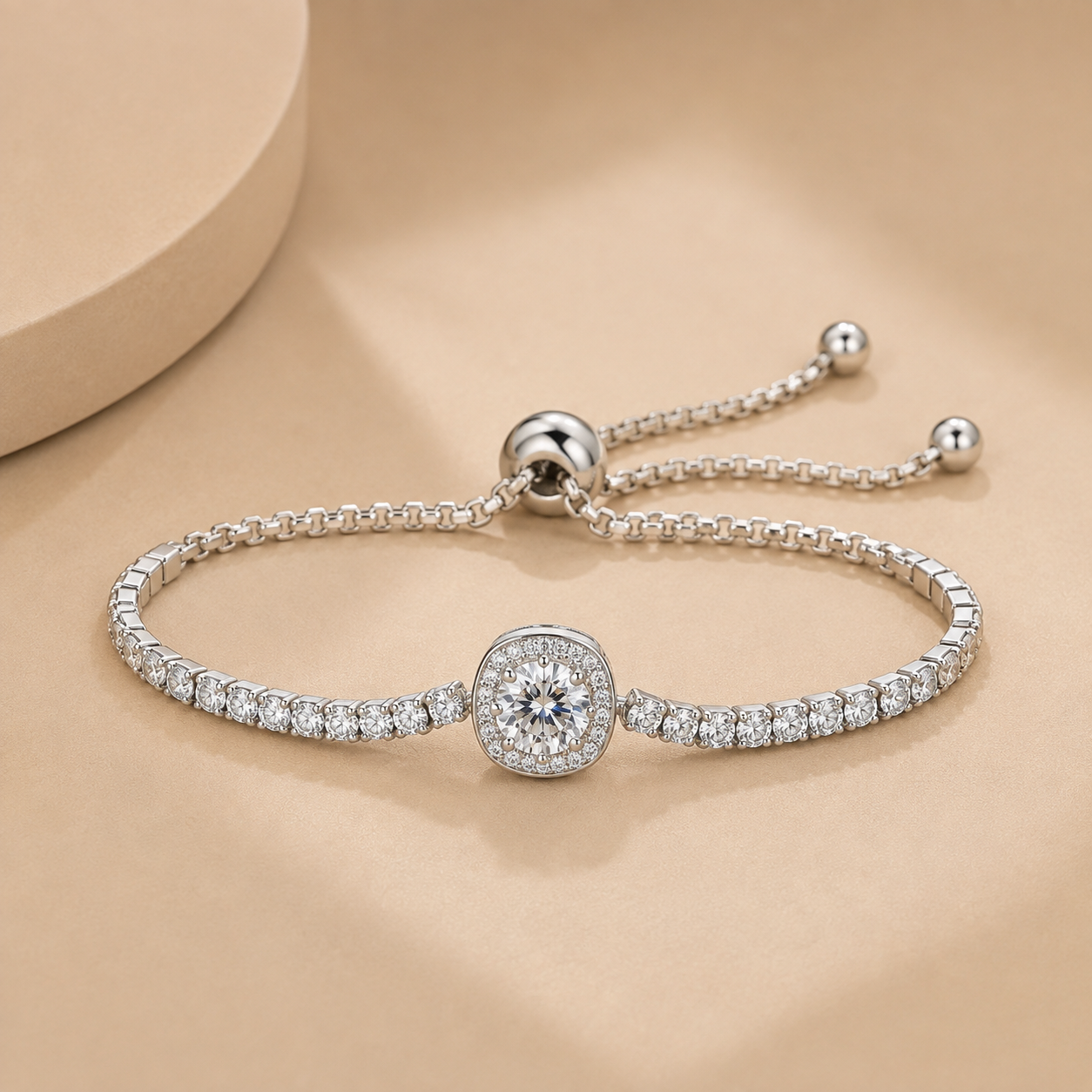 1 Carat Moissanite Halo Adjustable Tennis Bracelet in 925 Sterling Silver