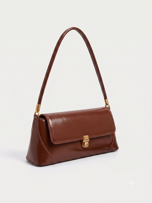 Brown Leather Flap Baguette Shoulder Bag with Gold Clasp