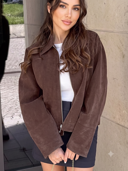 Brown Suede-Look Zip-Up Cropped Jacket