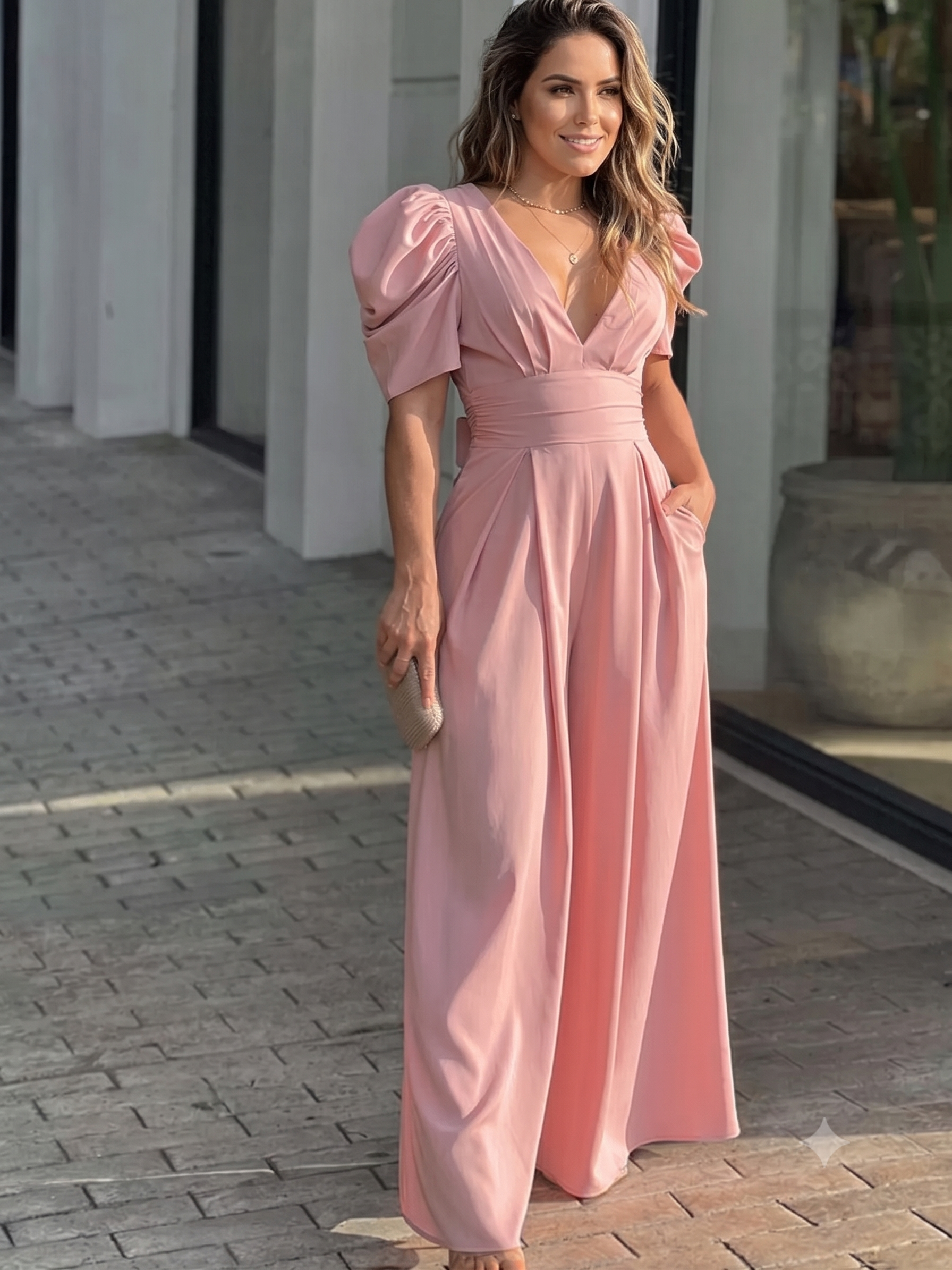 Puff Sleeve V-Neck Maxi Dress