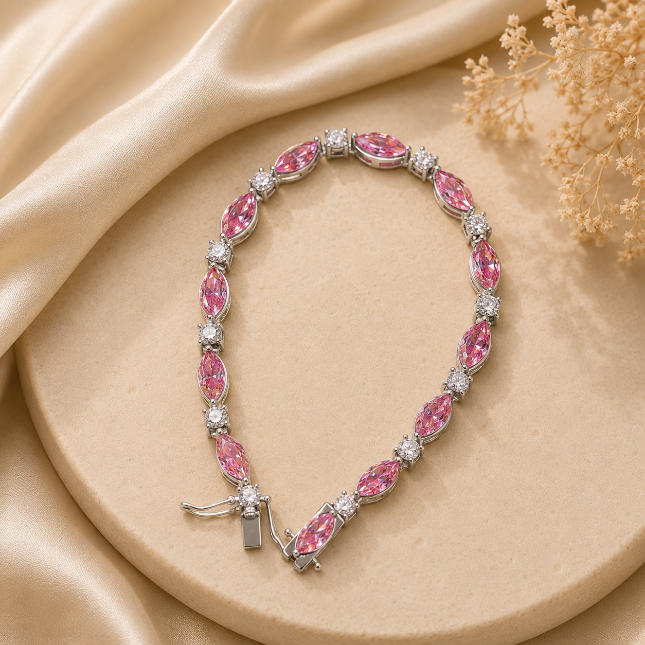 925 Sterling Silver Pink Marquise Moissanite Tennis Bracelet