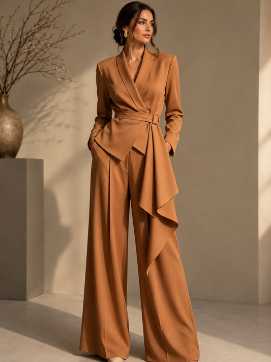 The Rowena Set | Camel Belted Wrap Blazer & Wide-Leg Pants