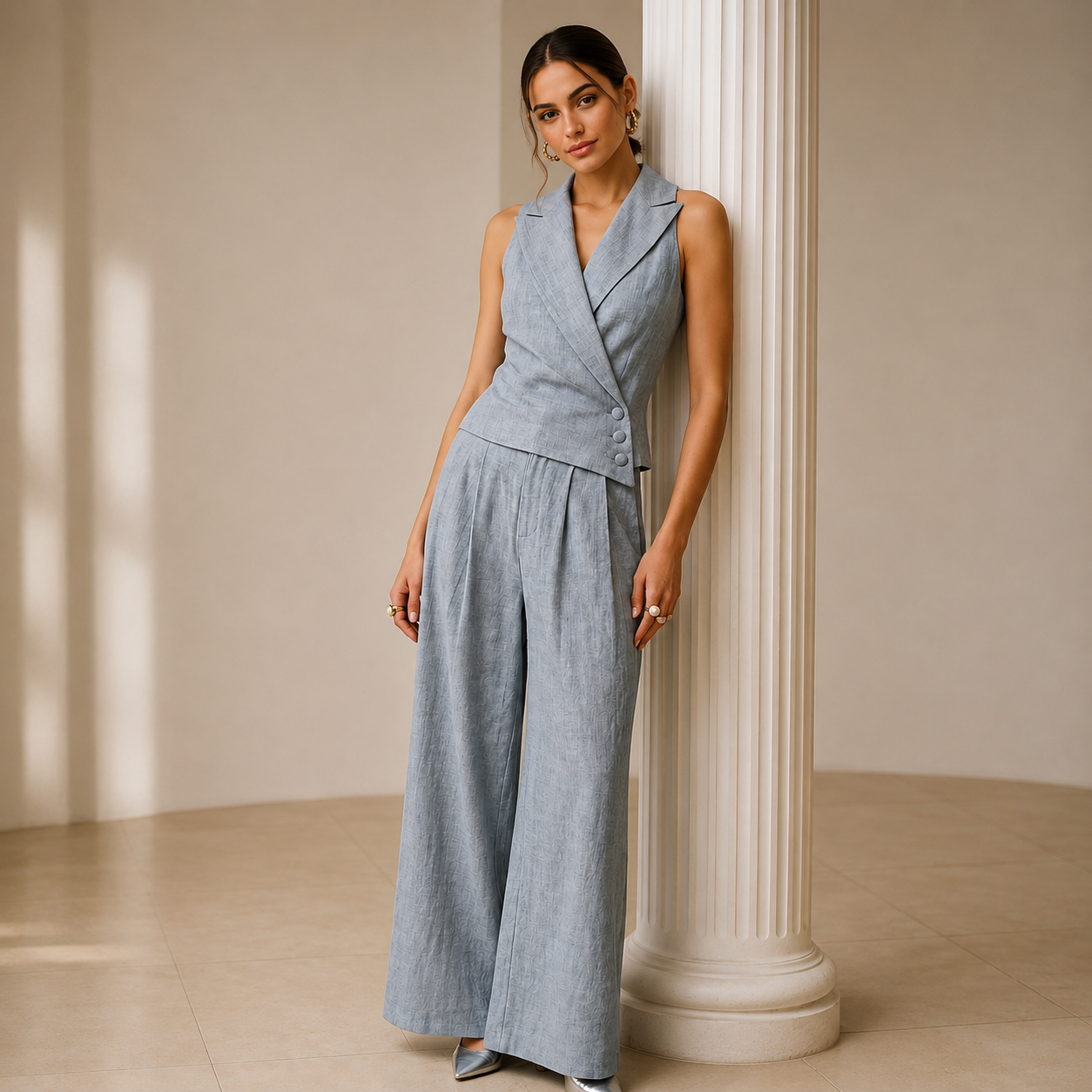 Sleeveless Blazer & Wide-Leg Pants Set