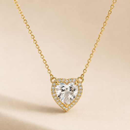 2 Carat Heart-Cut Moissanite Halo Necklace in 18K Gold-Plated Sterling Silver