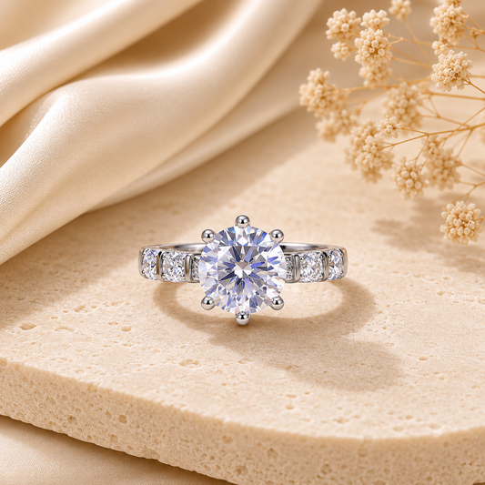 3 Carat Round Cut Moissanite Ring with Baguette Accents in 925 Sterling Silver