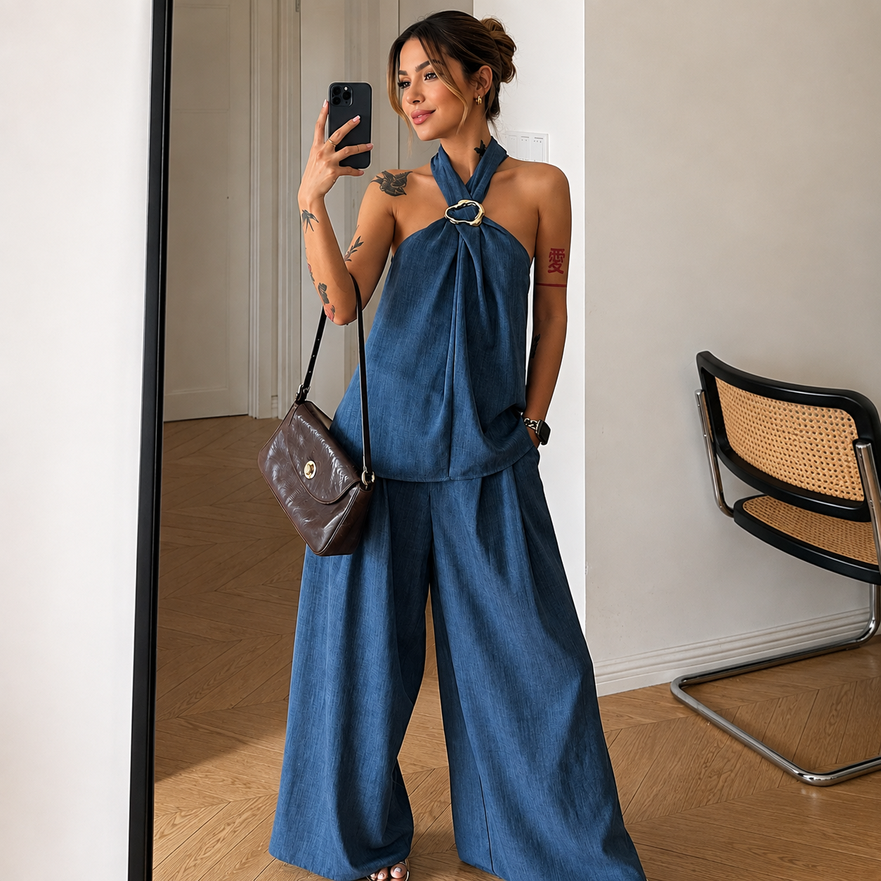 Halter Neck Top and Wide-Leg Pants Set