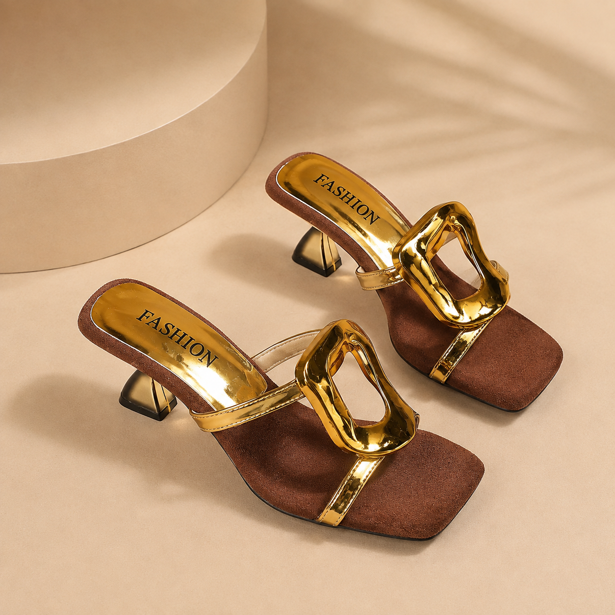 Open-Toe Metallic Buckle Mid-Heel Sandals