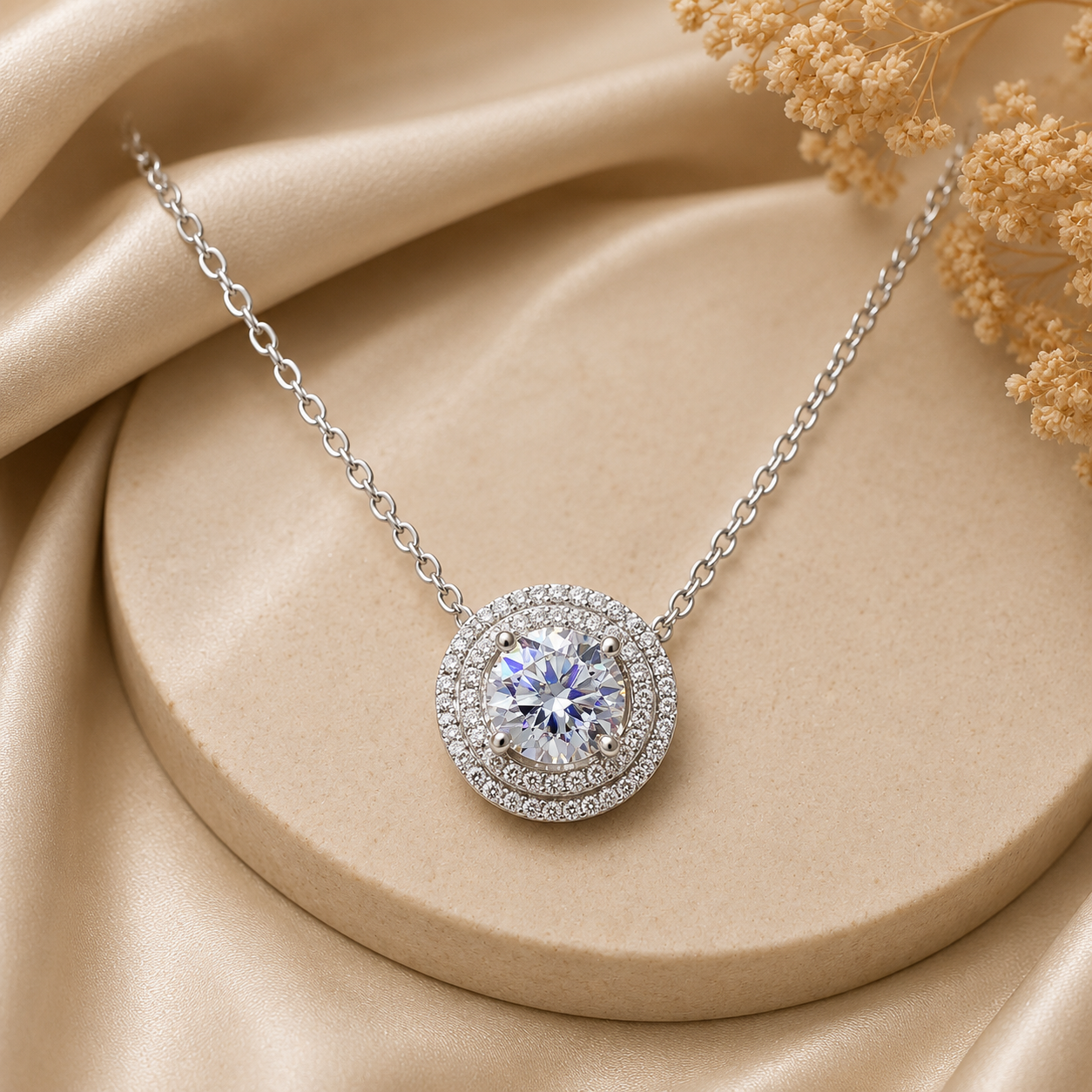 2 Carat Round Moissanite Double Halo Pendant Necklace