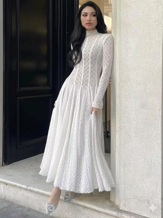 Lace Mock Neck Long Sleeve Maxi Dress Elegant White Lace Dress