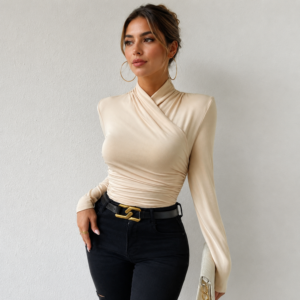 Ruched Wrap Long Sleeve Slim Fit Top