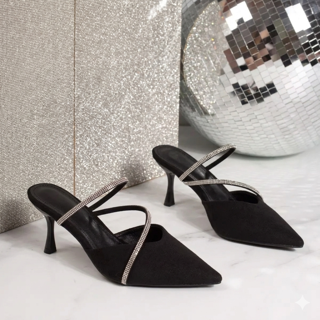 Point Toe Kitten Heels Sandals Women's Rhinestone Kitten Heel Mule Sandals