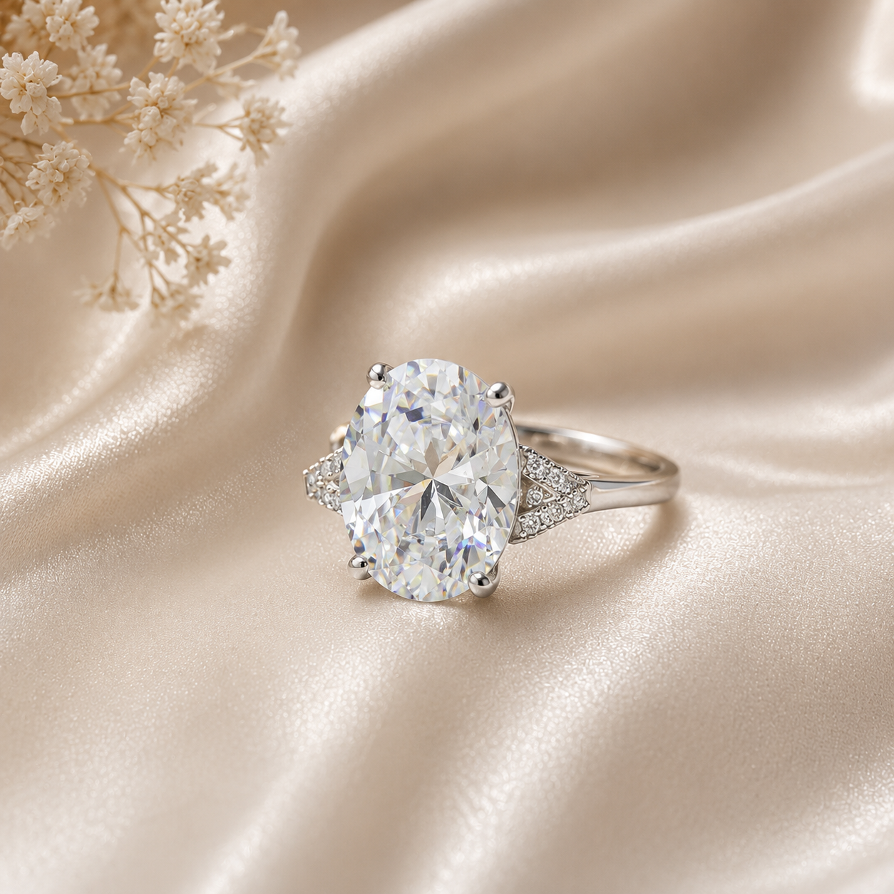 10 Carat Oval Cut Moissanite 925 Sterling Silver Pavé Ring