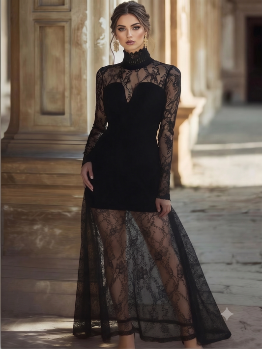 Black Lace High-Neck Sheer Maxi Dress