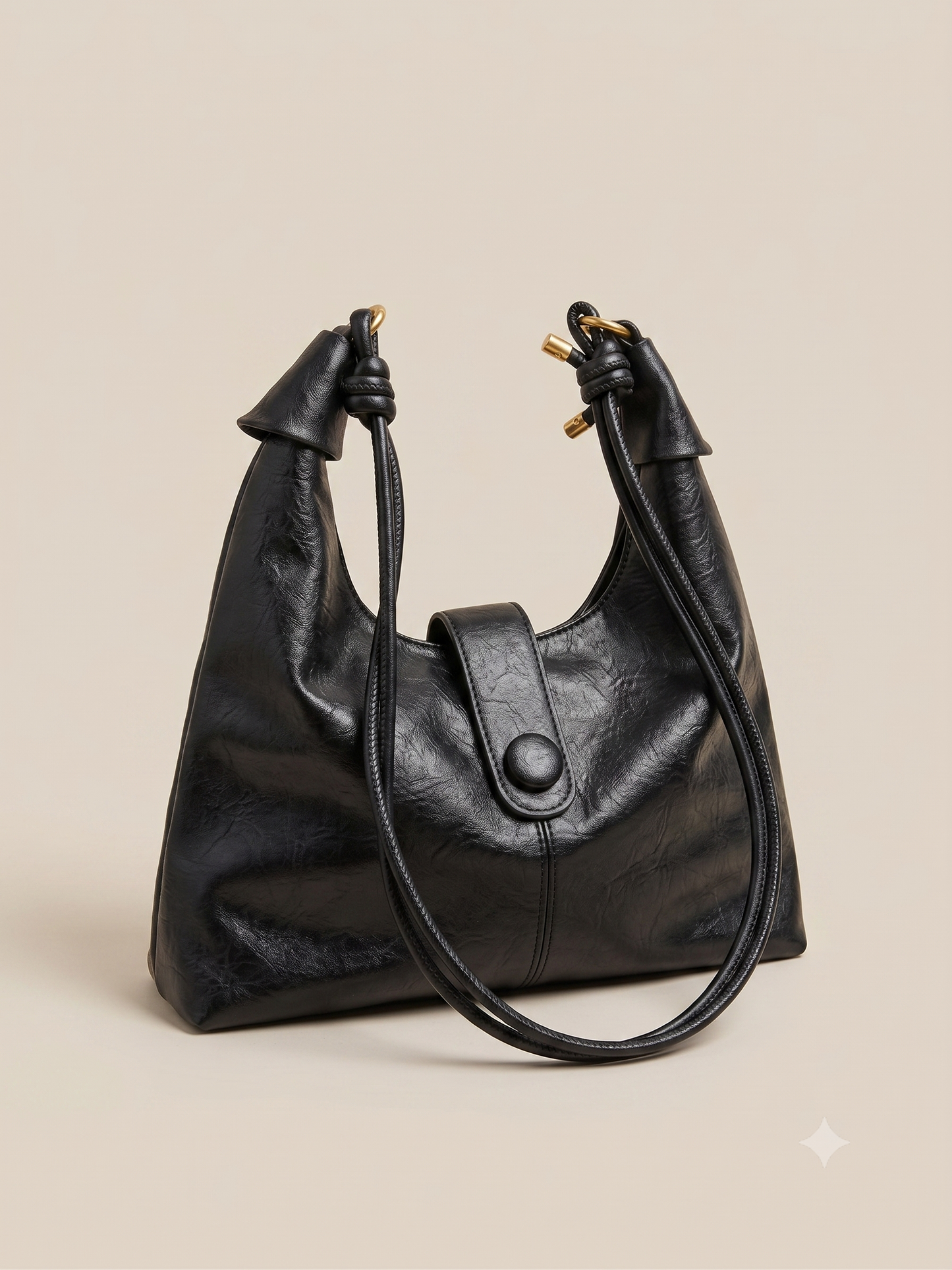 Black Vintage-Style Slouchy Hobo Bag with Buckle Closure