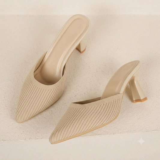 Pointed Toe Knit Mule Block Heels