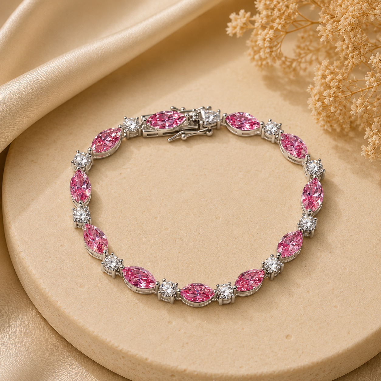 925 Sterling Silver Pink Marquise Moissanite Tennis Bracelet