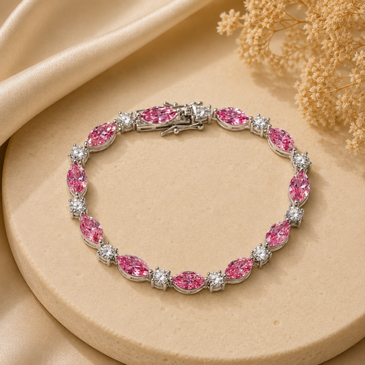 925 Sterling Silver Pink Marquise Moissanite Tennis Bracelet