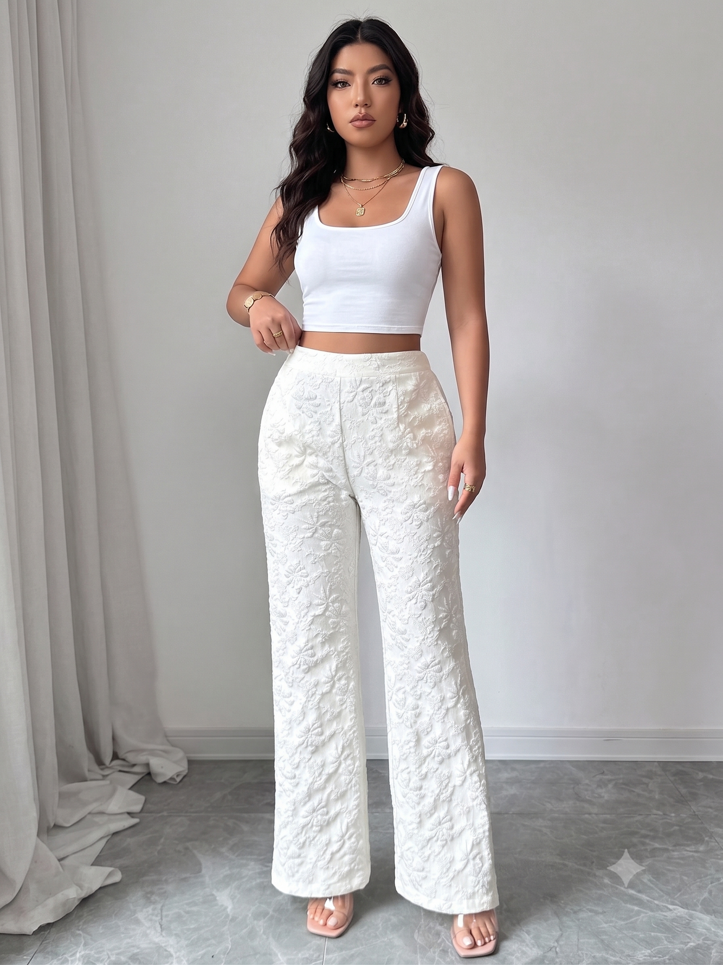 White Floral Textured High-Waisted Wide-Leg Pants