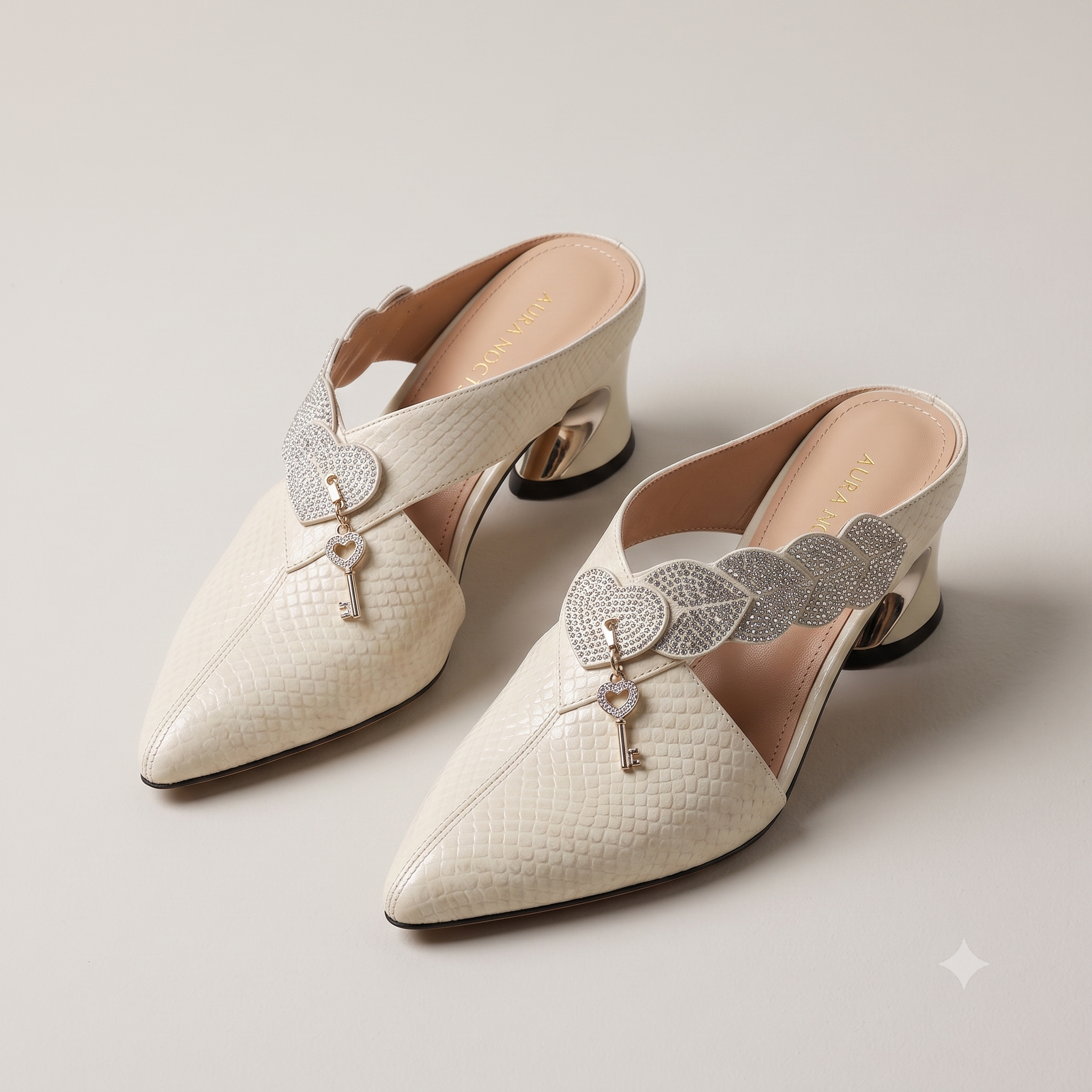 Leather Rhinestone Leaf Strap Block Heel Mules