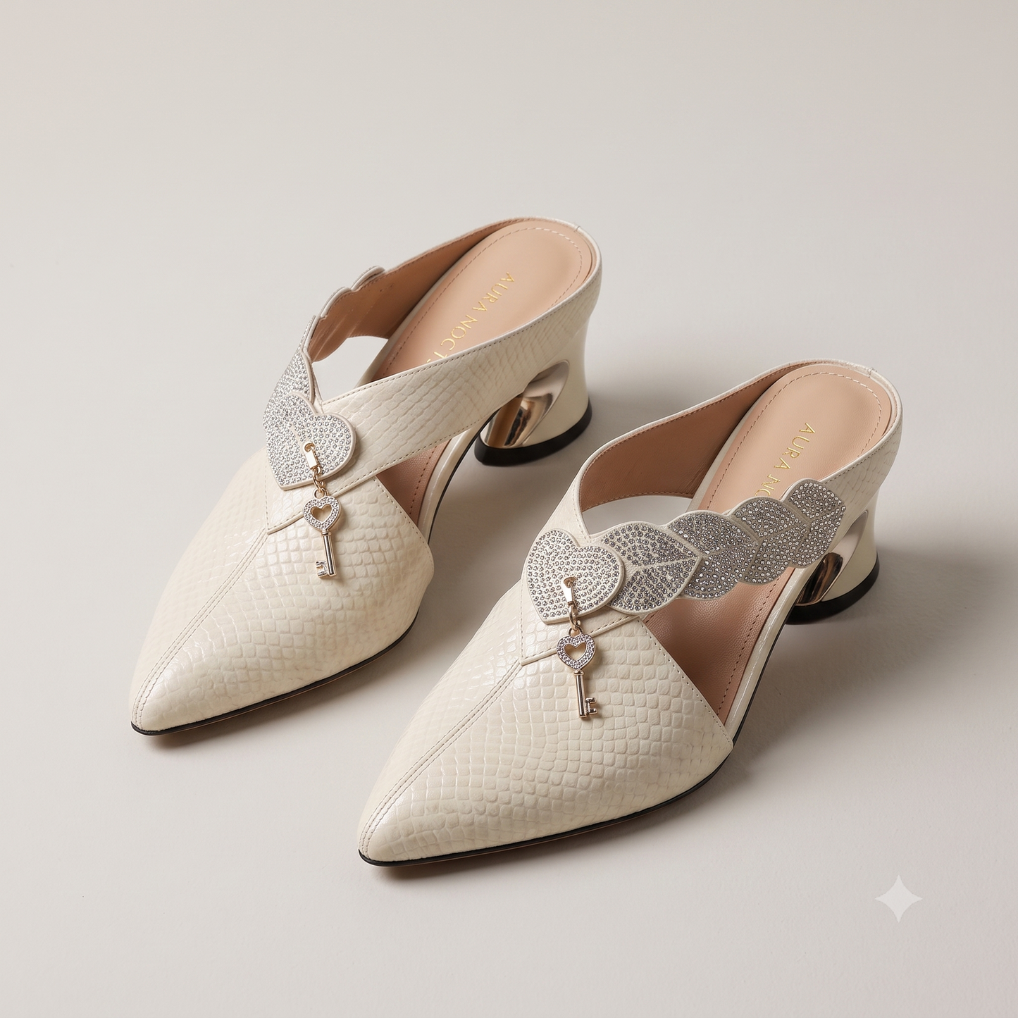 Leather Rhinestone Leaf Strap Block Heel Mules