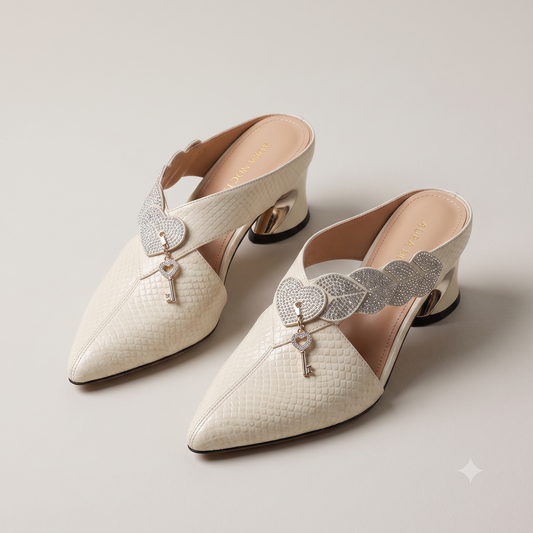 Leather Rhinestone Leaf Strap Block Heel Mules