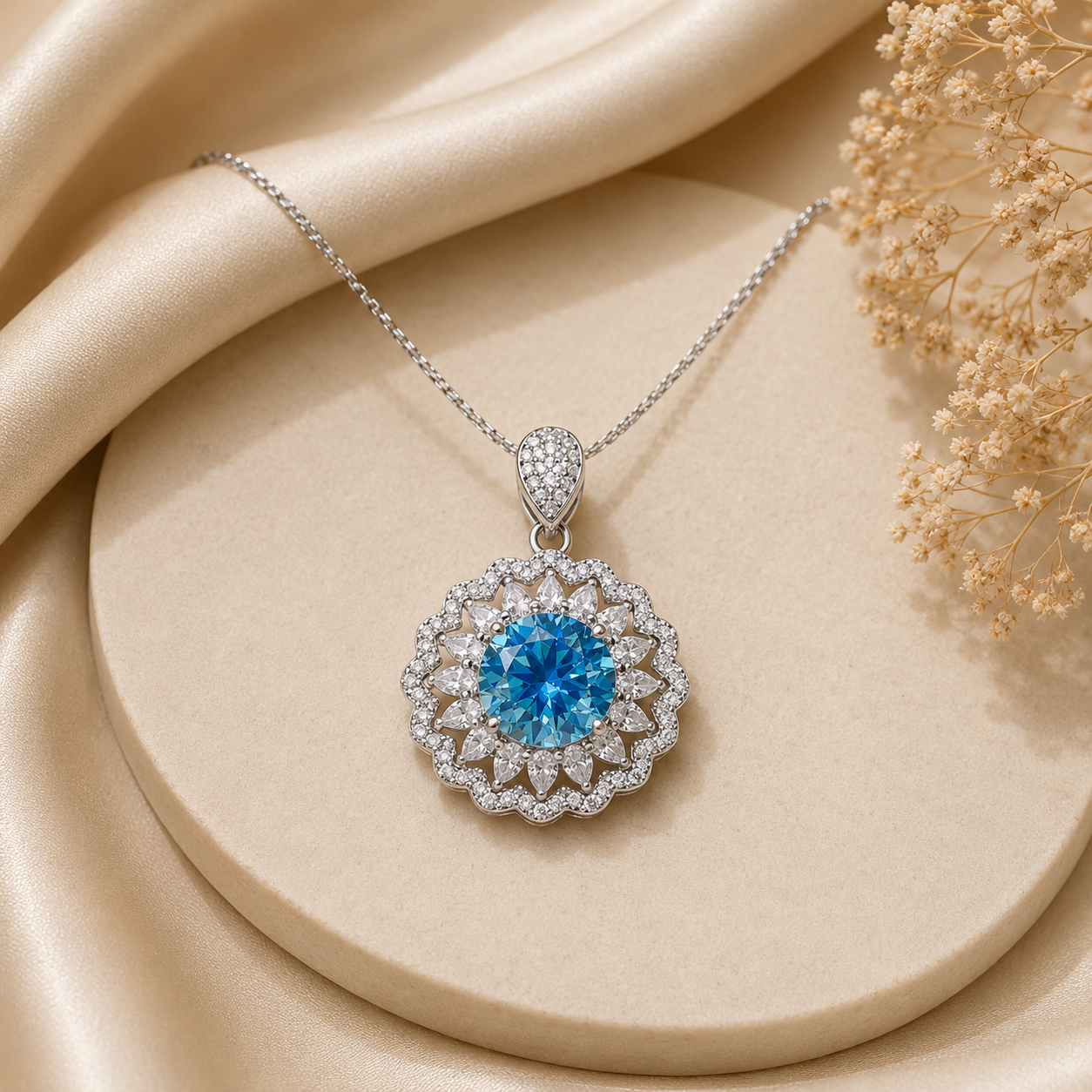 5 Carat 925 Sterling Silver Blue Moissanite Sunflower Halo Pendant Necklace